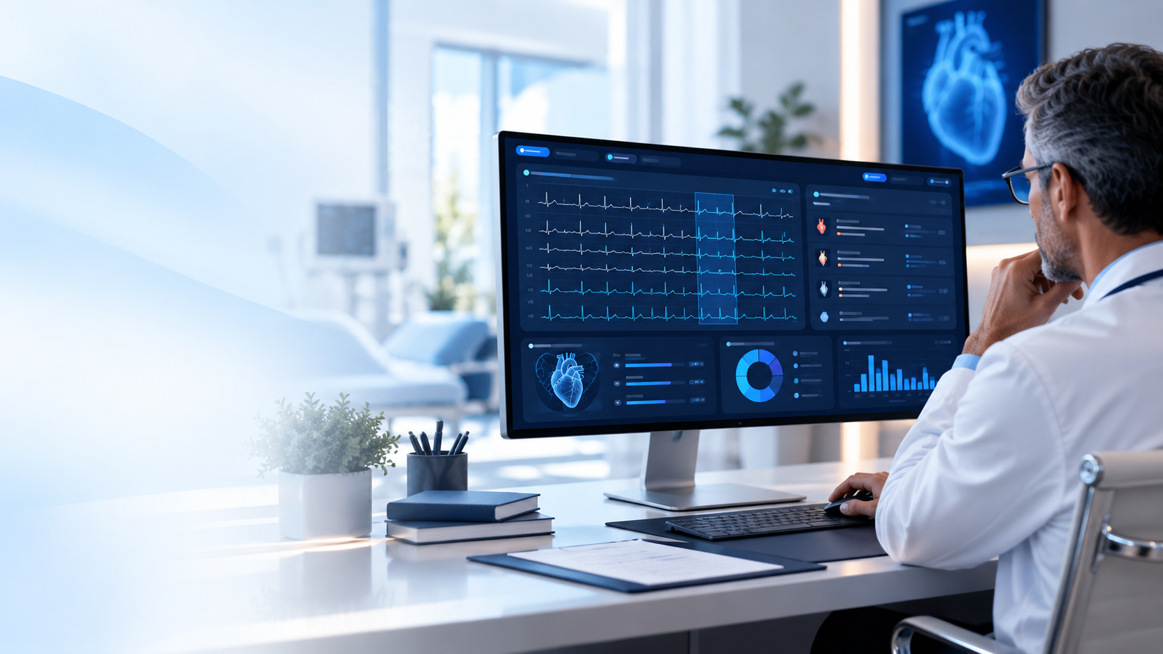 Physician reviewing cardiac dashboard at a bright clinic desk