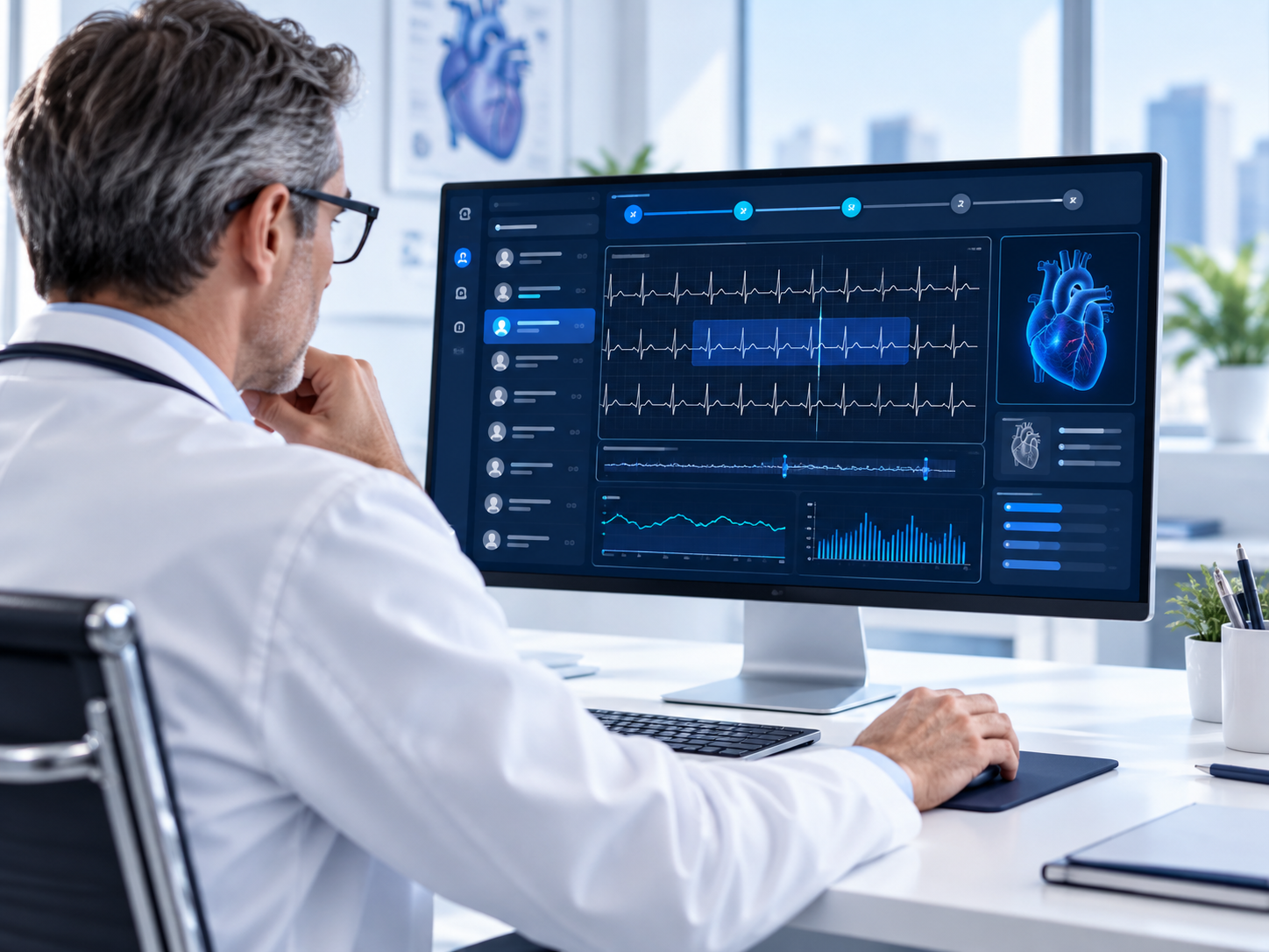 Cardiologist reviewing an AI-assisted ECG review dashboard