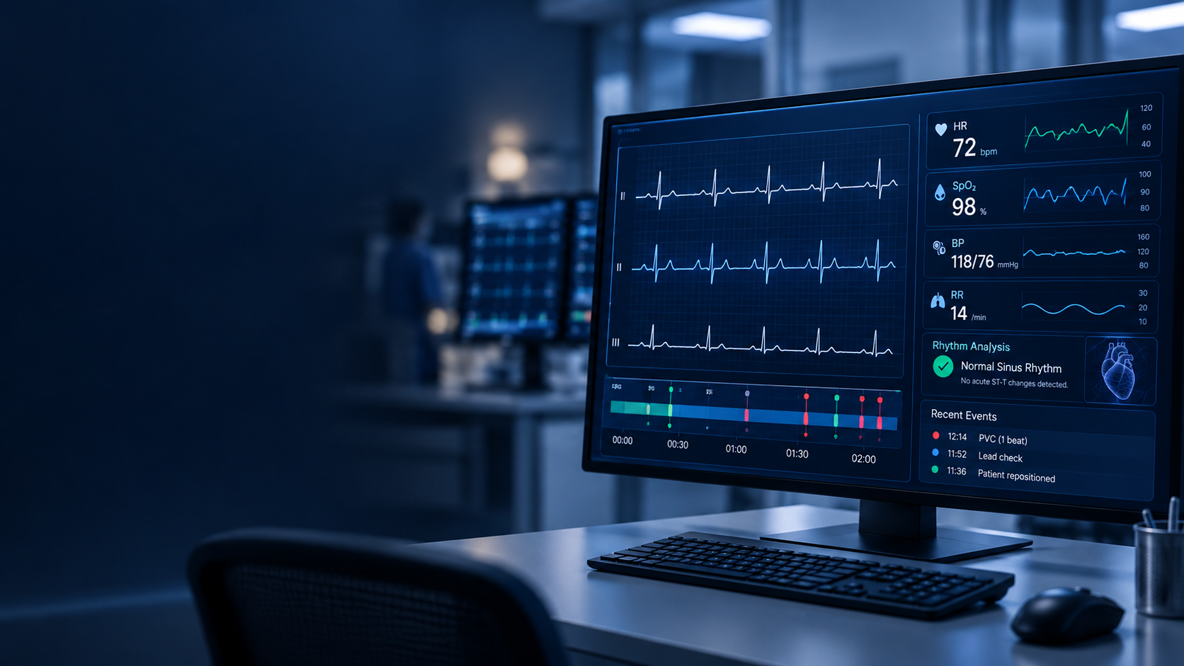 Cardiac monitoring station showing rhythm analysis and vitals